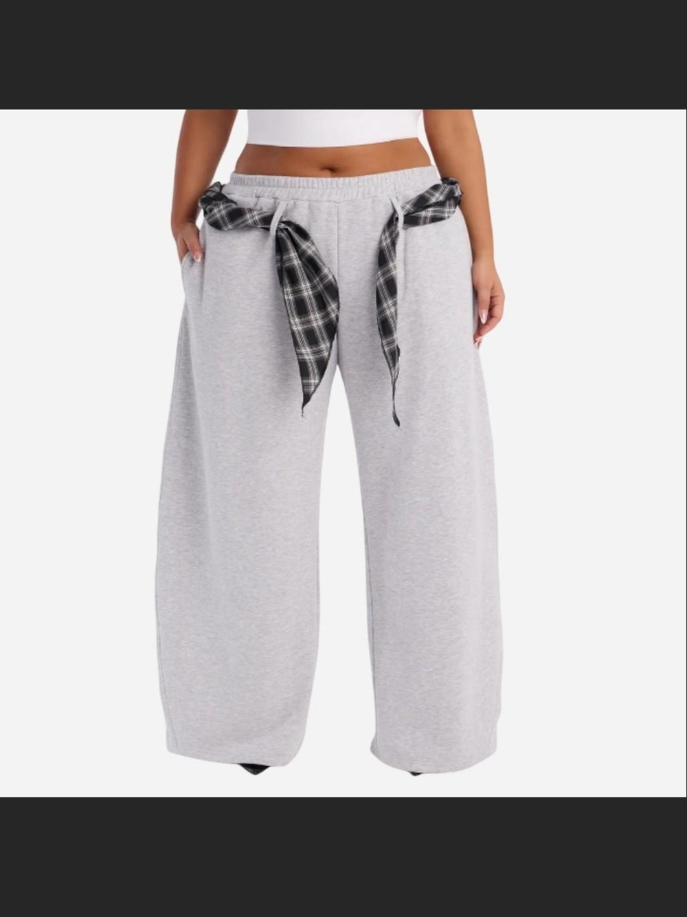 Fashion Nova Light Gray Wide Leg Lounge Pants with Plaid Tie